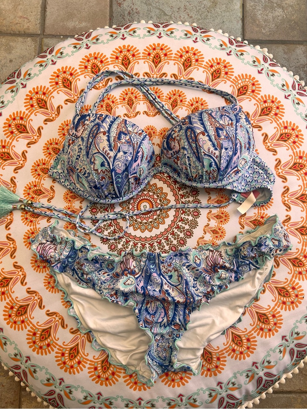 Victoria's Secret Paisley Underwire Bikini in Blue and Cream